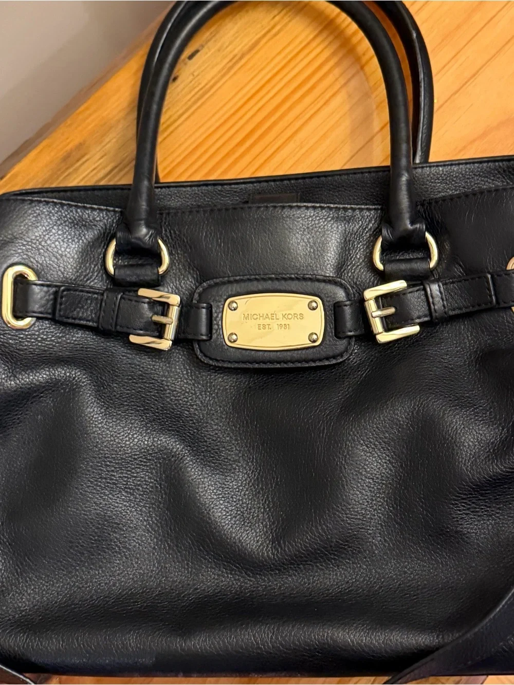 Authentic Michael Kors Black Leather Satchel Handbag / Crossbody Gold Hardware